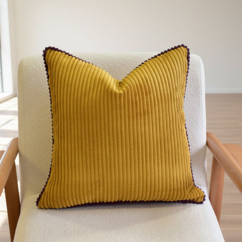 Mor Biyeli Hardal Fitilli Kadife Kırlent Kılıfı